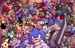 Collage av klassiska spelfigurer som Sonic, Mario och Pikachu