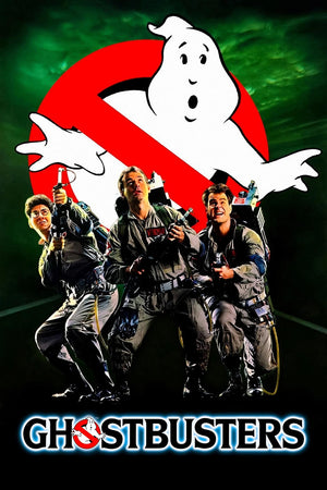 Filmaffisch för Ghostbusters med fyra spökjägare under spökloggan