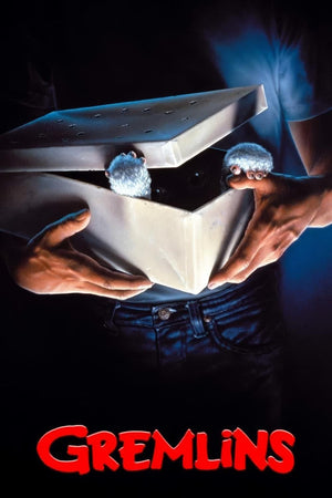 Filmaffisch för Gremlins med lysande ögon som tittar ut ur en låda