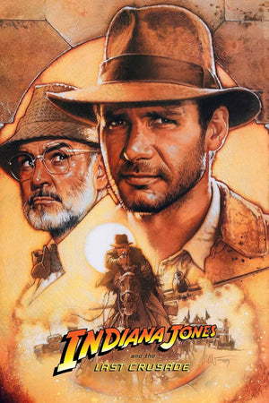 Målad filmaffisch för Indiana Jones and the Last Crusade med Indiana Jones och hans far