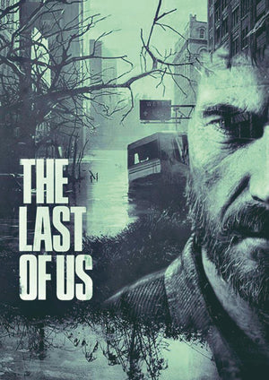 Joels ansikte och en övervuxen stad i grönblå toner under titeln The Last of Us
