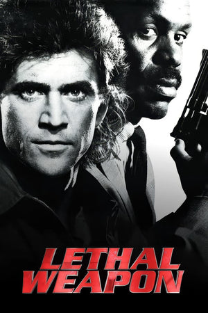 Svartvit filmaffisch för Lethal Weapon med två män och en röd titel