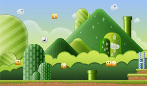 Landskap från Super Mario World med gröna kullar, rör och block