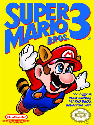 Omslaget till Super Mario Bros. 3 med Mario med tanooki-svans mot gul bakgrund