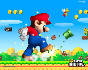 Jättestor Mario som stampar genom en bana i New Super Mario Bros