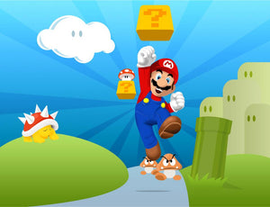 Mario hoppar mot ett frågeteckenblock bland goombas, en spiny och ett grönt rör