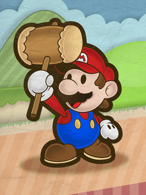 Paper Mario med en stor träklubba mot gröna kullar