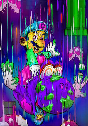 Psykedelisk illustration av en smältande Nintendo-figur och prickiga ägg