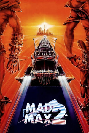 Målad filmaffisch för Mad Max 2 med en pansrad tankbil på en öde väg