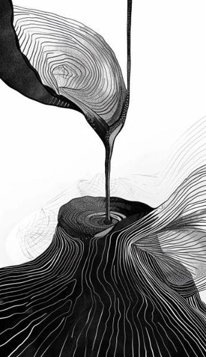 Poster - Flytande svart massa möter topografiskt landskap