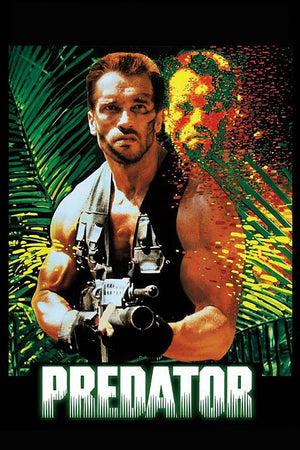 Filmaffisch för Predator med Arnold Schwarzenegger med vapen i djungeln
