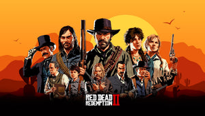 Gänget från Red Dead Redemption 2 mot en orange solnedgång i öknen