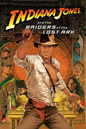 Målad filmaffisch för Raiders of the Lost Ark med Indiana Jones och en piska