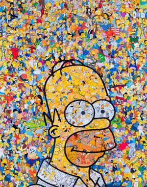 Homer Simpsons ansikte uppbyggt av en mosaik av små Simpsons-figurer