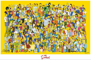 Hundratals Simpsons-figurer samlade i ett stort gruppfoto mot gul bakgrund