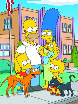 Familjen Simpson med hund och katt framför en skola