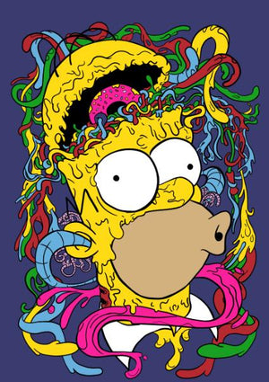 Homer Simpsons huvud som öppnas och släpper ut färgglada slingor
