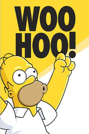 Homer Simpson som jublar under texten Woo Hoo! mot gul bakgrund