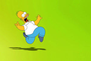 Homer Simpson som hoppar av glädje mot limegrön bakgrund
