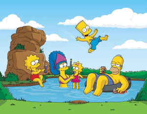 Familjen Simpson som badar i en pool med Bart som hoppar i