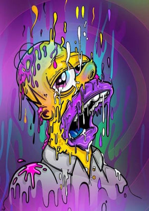 Psykedelisk illustration av en smältande Homer Simpson i gult och lila