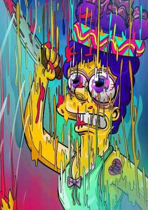Psykedelisk illustration av en smältande Marge Simpson i neonfärger