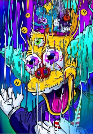 Psykedelisk illustration av en smältande clownen Krusty i neonfärger