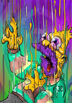 Psykedelisk illustration av en smältande Ned Flanders i neonfärger