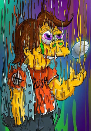 Psykedelisk illustration av en smältande Simpsons-figur med brun lugg och väst