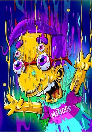 Psykedelisk illustration av en smältande Milhouse med stora glasögon