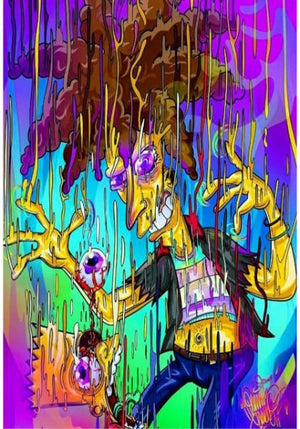 Psykedelisk illustration av en smältande Sideshow Bob i neonfärger