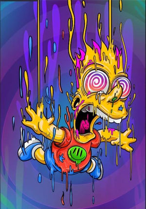 Psykedelisk illustration av en smältande Bart Simpson med spiralögon