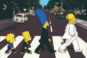 Familjen Simpson som går över ett övergångsställe som på Abbey Road-omslaget