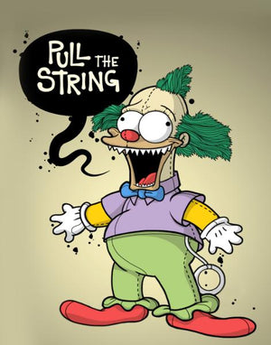 Krusty-docka med vassa tänder och pratbubblan Pull the String