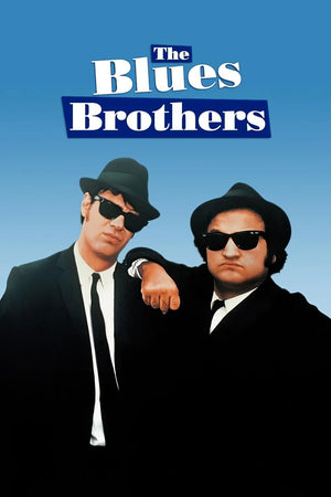 Filmaffisch för The Blues Brothers med två män i svarta kostymer, hattar och solglasögon