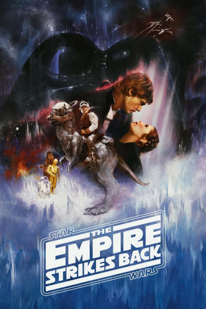 Målad filmaffisch för The Empire Strikes Back med Han Solo och Leia under Darth Vader