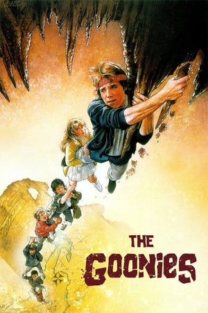 Målad filmaffisch för The Goonies med barn som hänger i ett rep i en grotta