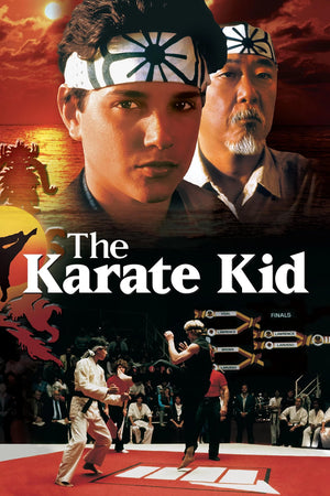 Filmaffisch för The Karate Kid med en ung man med pannband och en äldre man