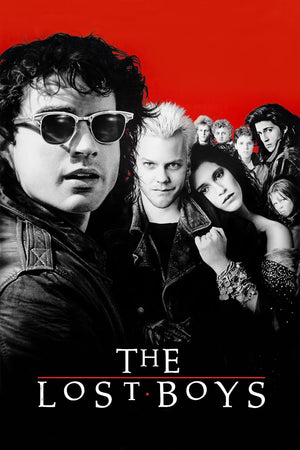 Filmaffisch för The Lost Boys med unga män i läder och solglasögon i svartvitt