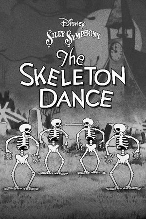 Svartvit affisch för The Skeleton Dance med fyra dansande skelett