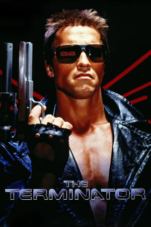 Filmaffisch för The Terminator med en man i solglasögon och skinnjacka med pistol