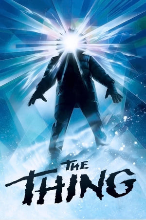 Filmaffisch för The Thing med en gestalt i polarutrustning och bländande ljus