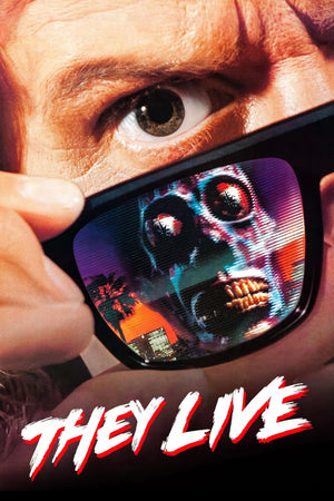 Filmaffisch för They Live med solglasögon som visar ett utomjordiskt ansikte