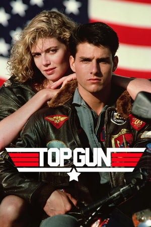 Filmaffisch för Top Gun med en pilot i skinnjacka och en kvinna framför amerikanska flaggan