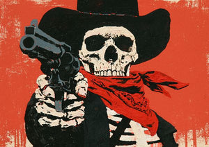 Skelett i cowboyhatt och röd scarf som riktar en revolver