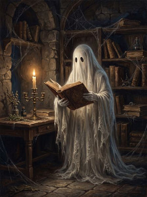 Spöke som läser en bok i ett gammalt bibliotek med spindelväv