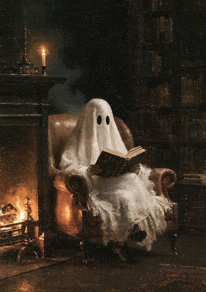 Spöke i en läderfåtölj som läser en bok vid en brasa