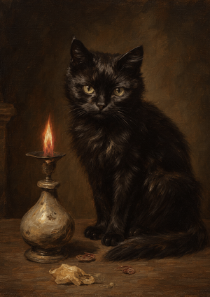 Svart katt med gula ögon bredvid ett tänt ljus i en mässingsljusstake