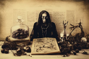 Häxa med dödskalleansikte bakom en uppslagen trollbok bland kranier