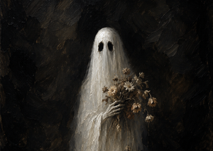 Spöke med en bukett vissnande blommor mot mörk bakgrund